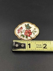 Vintage Oval Cloisonne Enamel Flowers and Butterfly Brooch Pin White Gold Tone