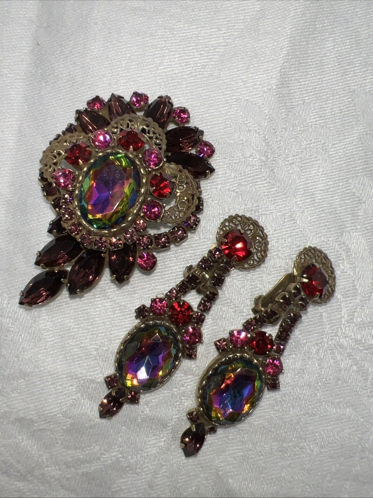 VTG Juliana D&E Heliotrope Watermelon Demi Parure Brooch Clip Earrings