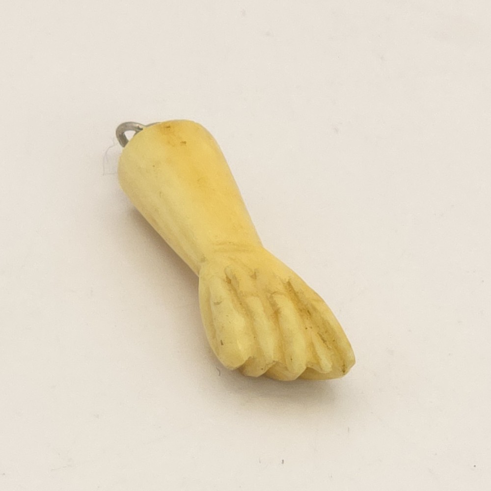 Antique Bone Figa Pendant or Charm Bovine / Cow Bone 1″ Carved Silver Tone