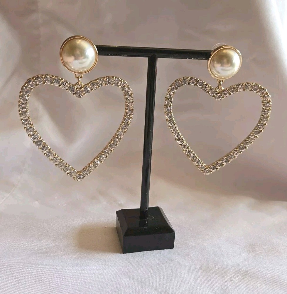 Sugarfix Signed Huge 3″ Rhinestone Heart Pierced Gold Tone Statement Earrings