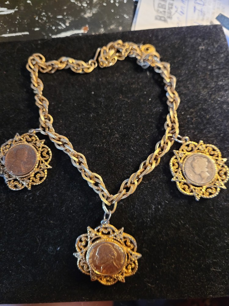 Vintage Lisnef Gold Tone Coin Necklace 10 Inches Long Jewelry Mercury Dime Wheat