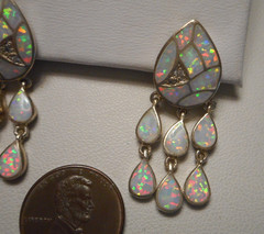 Beautiful Sterling & Opal Mosaic Pierced Earrings w Triple Drops post style