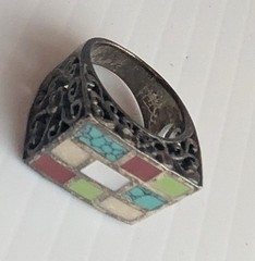 Vintage Multicolor Stone Flush Geometric Grid Sterling Silver Ring Size 5.5
