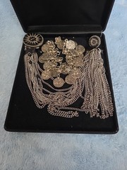 Vintage Bohemian Silver-Toned Coin Bracelet Anklet Dangle Charm ADJ. & Broach.