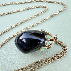 Vintage Eggplant Necklace Midcentury Black Glass Turquoise Pendant Gold Tone 26”