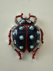 Trifari ‘Alfred Philippe’ Pave Navy Enamel/Turquoise Cabochons Ladybug Pin Clip
