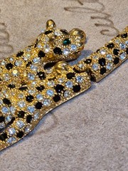 Vintage Articulated Double Green Eyed Leopard Panther Rhinestone Collar Necklace