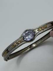 Antiqued Silver Plate Amethyst Glass Etched Gold Designed Bracelet Art Deco