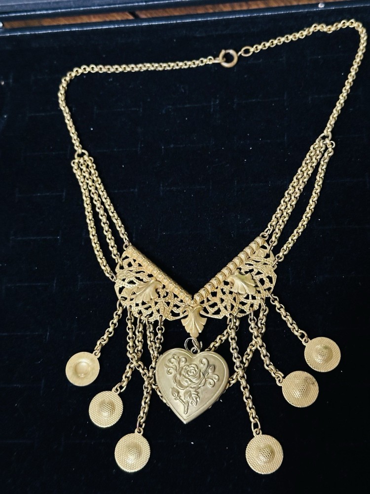Vintage Antique Etruscan Revival Gold Tone Filigree Ornate Statement Necklace