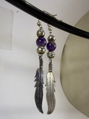 Vintage Amethyst Bead Feather Dangle Earrings Silver Tone Boho Western