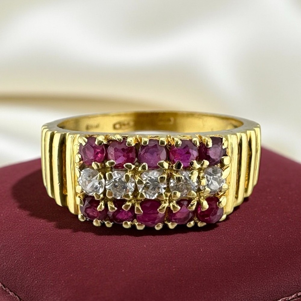 Vintage 18K Yellow Gold 0.60ctw Natural Ruby & Old European Cut CZ Ring Size 6.5