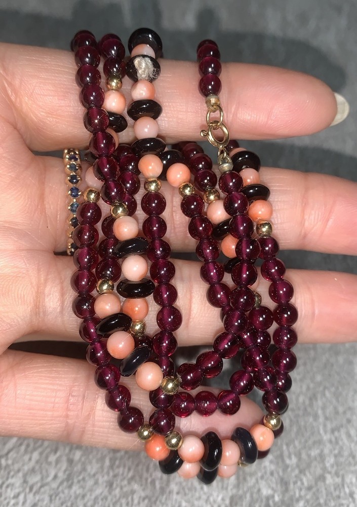 Antique 14k Gold Garnet Coral Onyx Necklace 28″