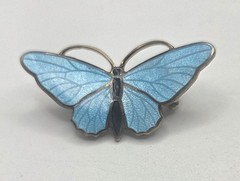 Vintage Mid-Century Blue Guilloche Enamel Gold Tone Butterfly Pin Brooch Dainty