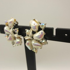 Vintage Rhinestone Earrings Iridescent Enamel Silver Tone Clip On ONE MISSING AB