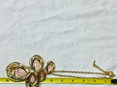 Gold Tone Pink Teardrop Cabochon Bib Focal Necklace n075