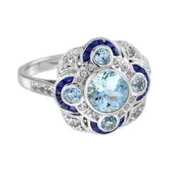 Art Deco Style Lab Created Diamond Aquamarine Sapphire Ring 14K White Gold FN