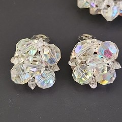Aurora Borealis Glass Brooch Clip On Earrings Set Cluster Clear