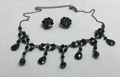 Liz Claiborne Black Cut Glass Clip Earrings & Dangle Drop Black Gunmetal Choker.
