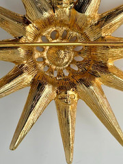 Vintage Sparkly Starburst Brooch Signed Graziano Gold Base With Topaz Rhinestone