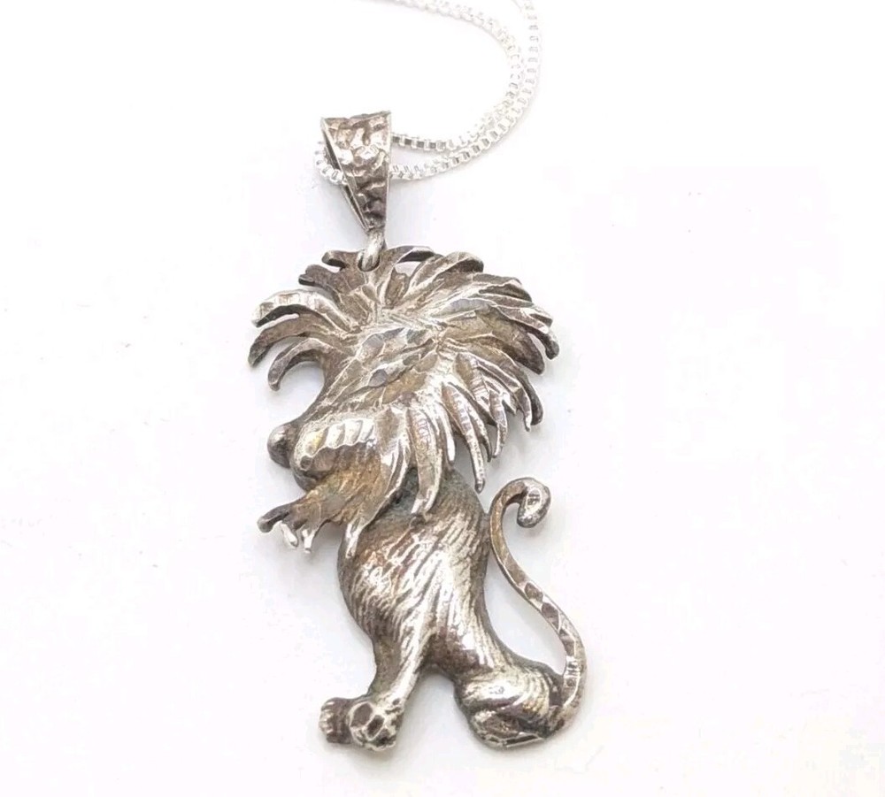 Vintage Lion Sterling Silver Large Necklace 925 Animal Lover Precious Metal Gift