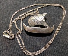 Vintage 925 F SM Sterling Silver Viking Ship Pendant & Chain Norway 8.2 G