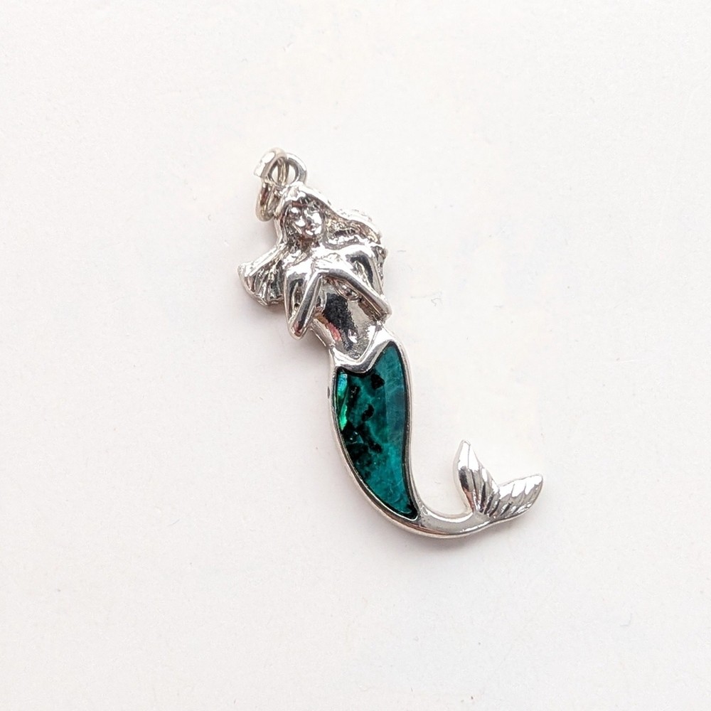 Whimsigoth Silver Tone Mermaid Dyed Shell Inlay Coastal Beach Charm Pendant