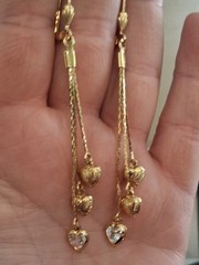 Puffy hearts & crystal bezel-set heart tassel earrings, multi chain, cascading