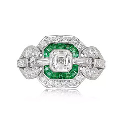 Art Deco Style Asscher Cut Lab Created Diamond & Emerald 14K White Gold FN Ring