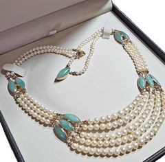 Vintage 5 Strand Pearl Jade 14K Gold Chocker Pearl Necklace by de Groot & Gudde