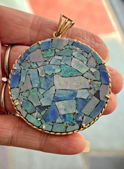 Large Vintage 14K Gold Rope Design Opal Mosaic Statement Pendant 2 5/8″ length