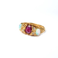 Vintage 18K Solid Gold Opal Diamond Ruby Ring, Made in England 1930, GIA Cert.
