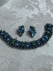 Vintage REGENCY Designer BRACELET (7.5″) & CLIP EARRINGS SET BLUE AND GREEN