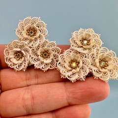 Vintage Coro White Soft Plastic Flower Earrings AB Rhinestone Lacy Triple Floral
