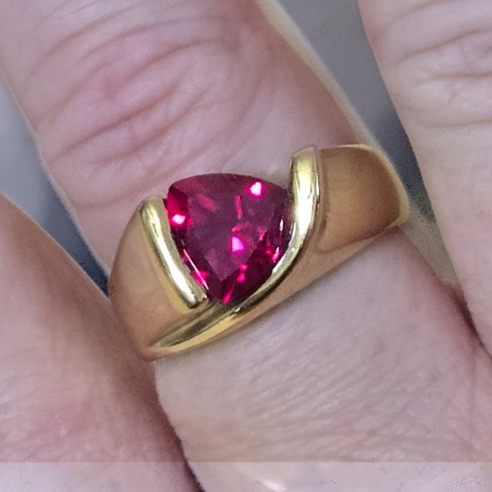 UTC Trillion Cut Lab Red Ruby Stone 18K Gold Plated 925 Sterling Silver Ring 9.5