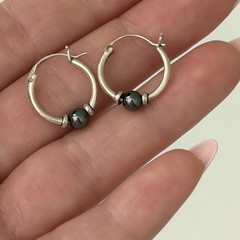 Vintage 925 Sterling Silver Small Huggie Hoop Earrings Hematite Stone