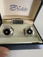 Shields Vintage Silver Tone Black Round Cufflinks Bullet Back Rhinestone Accent