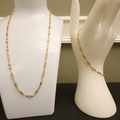 Rainbow crystals jewelry set 18-in necklace 7-in bracelet bezel-set stamped BZL