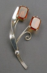 Sterling Topaz Glass Floral Brooch Retro 1940s Prong Set Stones
