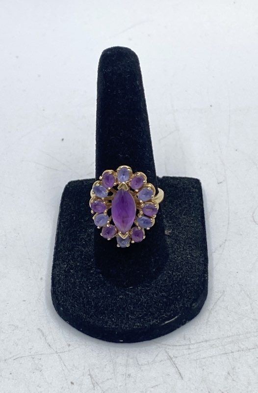 Vintage 10K Yellow Gold Amethyst Tanzanite Marquise Cluster Ring Size 5.5