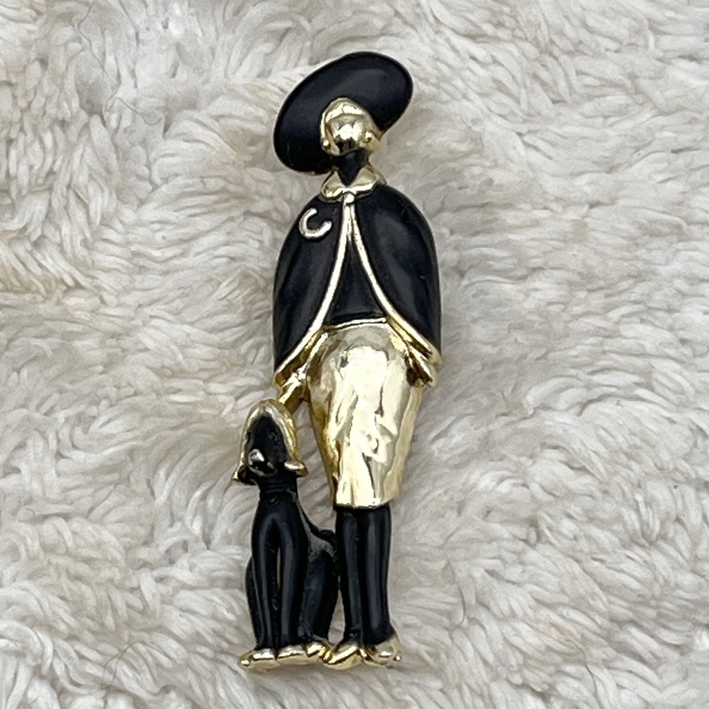 Vintage Figural Brooch Lady Dog Gold Tone 2.75″