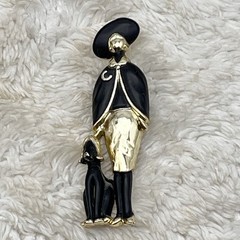 Vintage Figural Brooch Lady Dog Gold Tone 2.75″