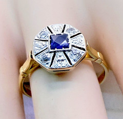 Vintage 18ct Yellow Gold Sapphire Diamond Ring Art Deco Octagonal Size 8