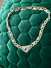 VINTAGE ARTISAN Sterling Silver ANTIQUE MARCASITE Blue TOPAZ HEART LINK Necklace