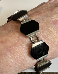 Vtg Mexico 925 sterling Silver Black Onyx Hexagon Geometric Toggle Bracelet 6.5