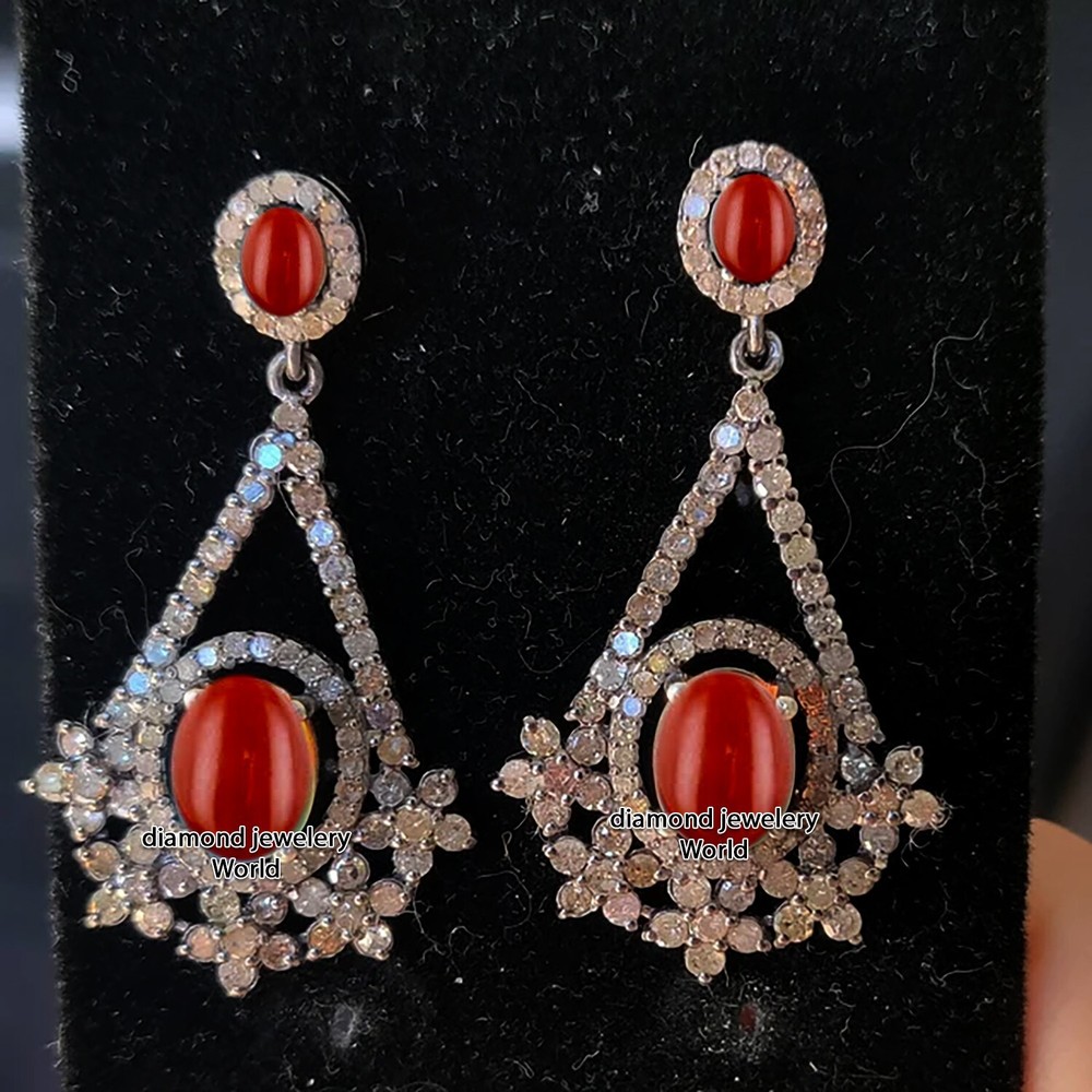 Gorgeous 2.50ctw Rose Cut Diamond Coral Studded Silver Victorian Earring Jewelry