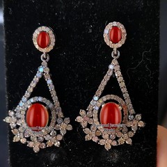 Gorgeous 2.50ctw Rose Cut Diamond Coral Studded Silver Victorian Earring Jewelry