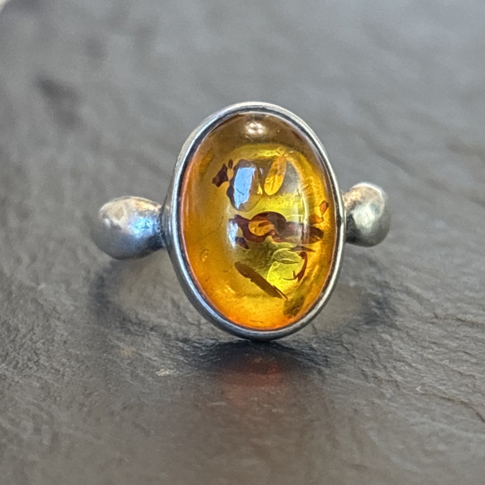 Sterling Silver 925 Vintage GOD Signed Baltic Amber Ring Sz 8 Modernist