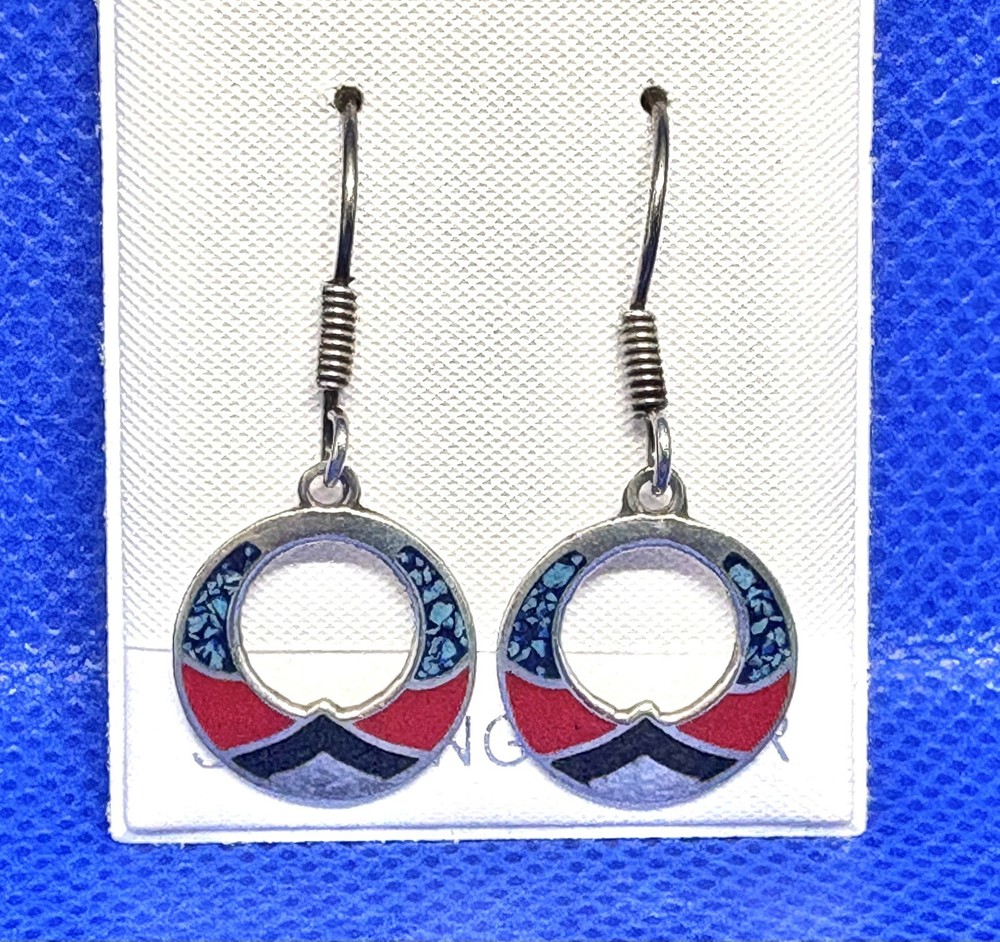 1.25″ Vintage MEXICO Earrings 925 Sterling Silver Turquoise Coral Onyx NEW