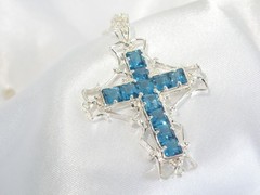 Large Sterling Silver 925 Heated London Blue Topaz Cross Pendant Necklace