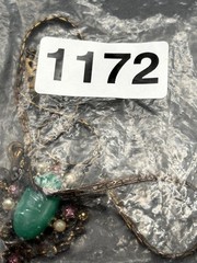Vintage Victorian Revival Birds Green Cab Faux Pearl Rhinestone Pendant Necklace